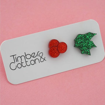 PRE-ORDER Christmas Mistletoe Holly Mismatch Acrylic Stud Earrings
