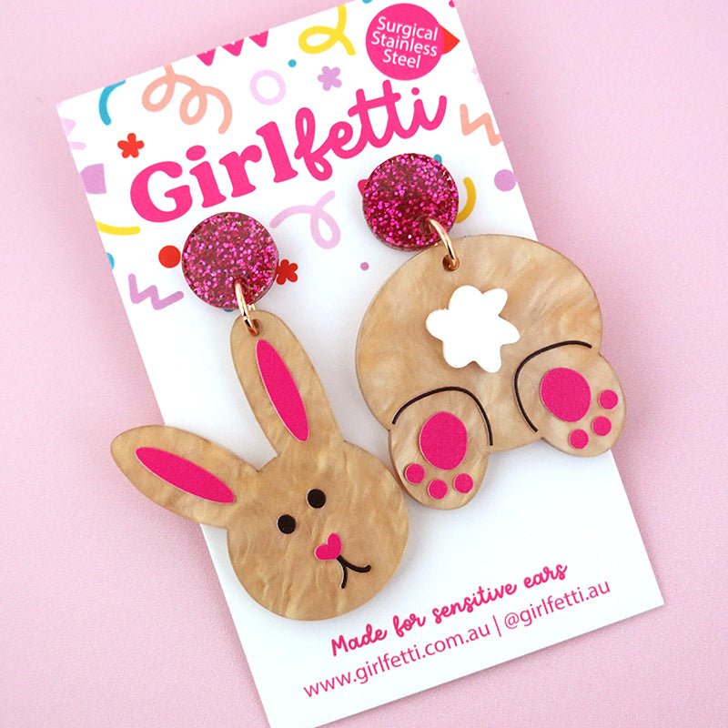 Brown acrylic Easter bunny rabbit mismatch dangle earrings