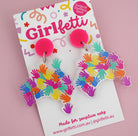 A pair of acrylic teacher dangle earrings for Harmony Day with rainbow hands printed on them in the shape of Australia