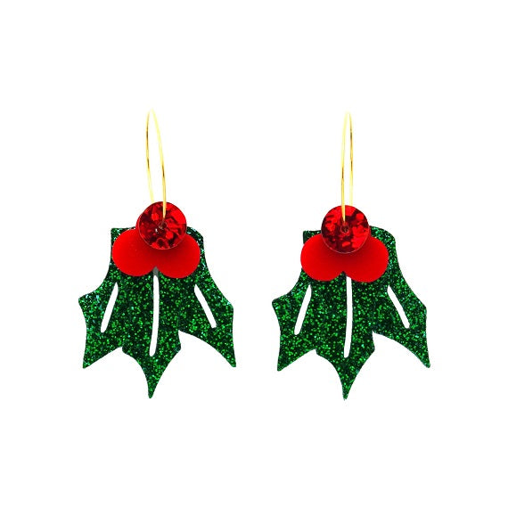 Christmas Mistletoe Holly Hoop Acrylic Dangle Earrings