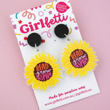 'Read Grow Inspire' Sunflower Book Week Teacher Dangle Earrings