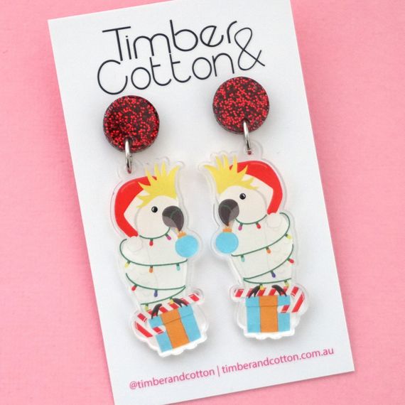 PRE-ORDER Christmas Cockatoo Acrylic Dangle Earrings (Shipping from 6/12/23)
