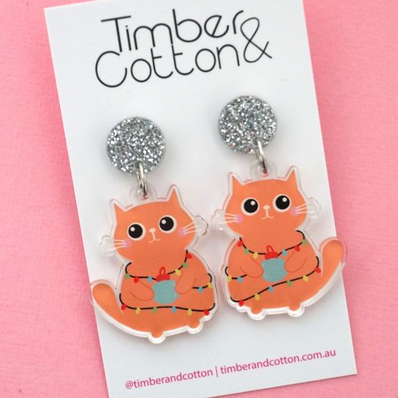 Cat Wrapped in Christmas Lights Acrylic Dangle Earrings
