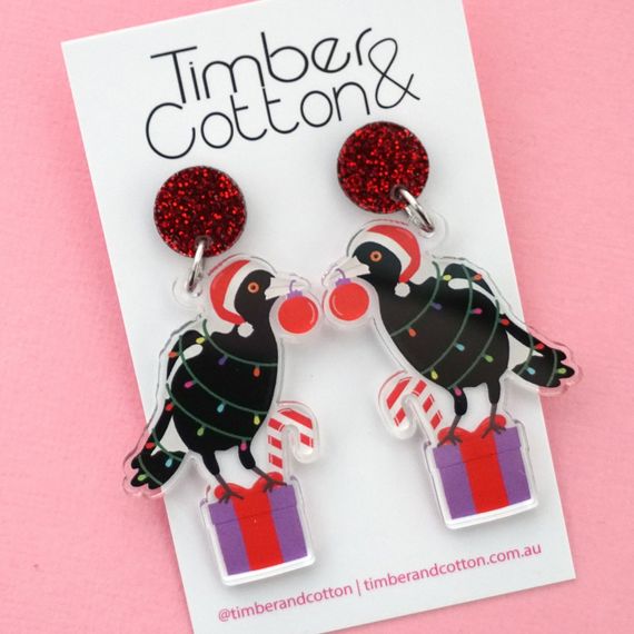 PRE-ORDER Christmas Magpie Acrylic Dangle Earrings (Shipping from 6/12/23)