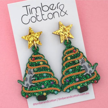 Cat Climbing Christmas Tree Acrylic Dangle Earrings