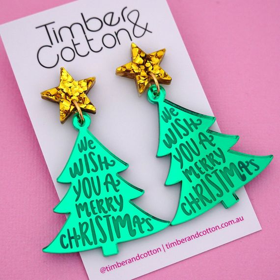 PRE-ORDER 'We Wish You A Merry Christmas' Christmas Tree Acrylic Dangle Earrings