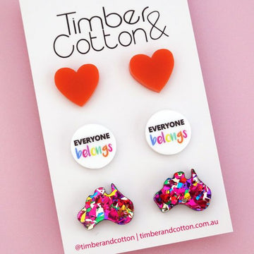 A 3 pack of handmade acrylic stud earrings to celebrate that everyone belongs this Harmony Day