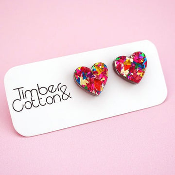 Pink rainbow flake glitter acrylic heart stud earrings