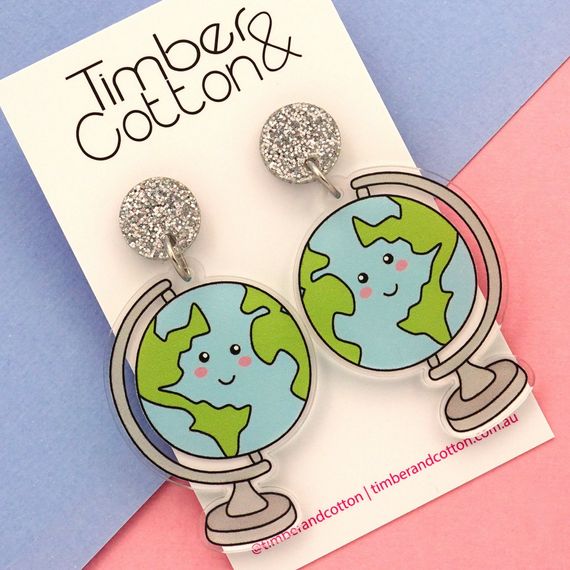 World Globe Geography Teacher Acrylic Dangle Earrings