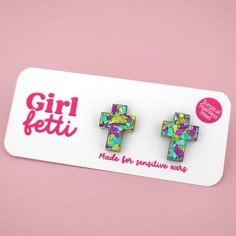 Cross stud earring made from green, purple and blue glitter acrylic