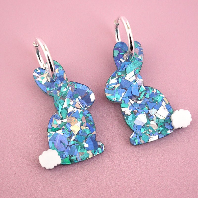 Silver, blue and green flake glitter acrylic Easter bunny hoop dangle earrings