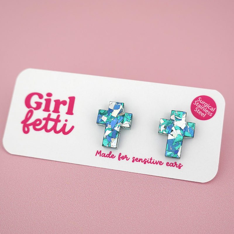 Cross stud earring made from green, silver and blue glitter acrylic