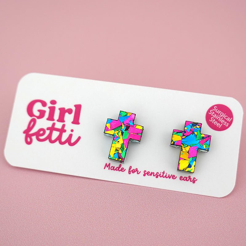 Cross stud earring made from pink, yellow, green and blue glitter acrylic