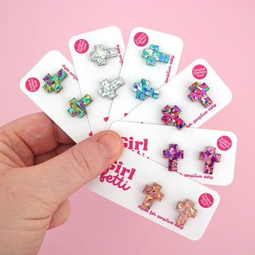 A variety of fun and colourful glitter acrylic cross stud earrings