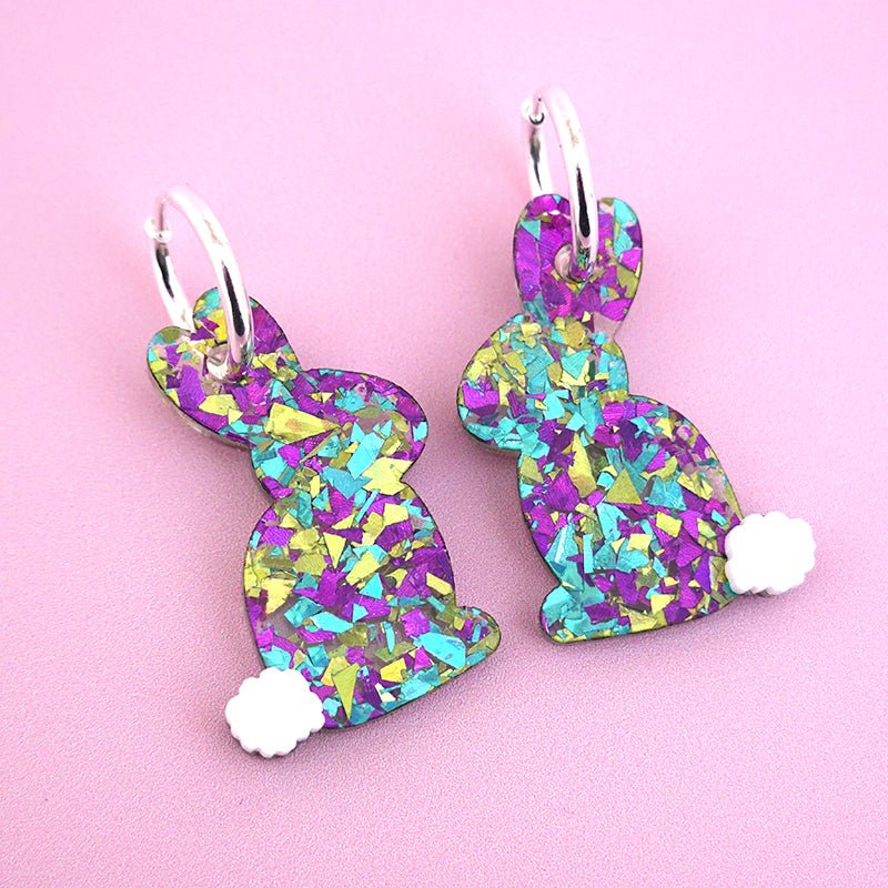 Purple, blue and green flake glitter acrylic Easter bunny hoop dangle earrings