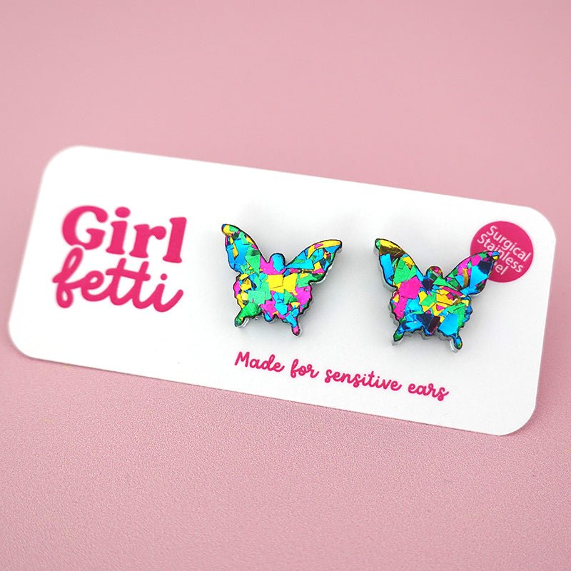 Butterfly stud earrings in blue, pink, yellow and green glitter acrylic