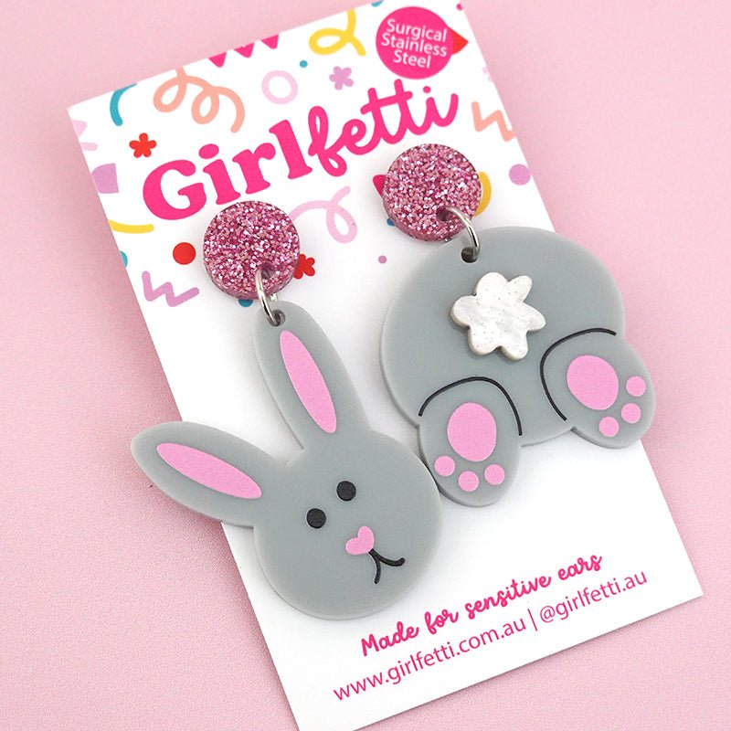 Grey acrylic Easter bunny rabbit mismatch dangle earrings