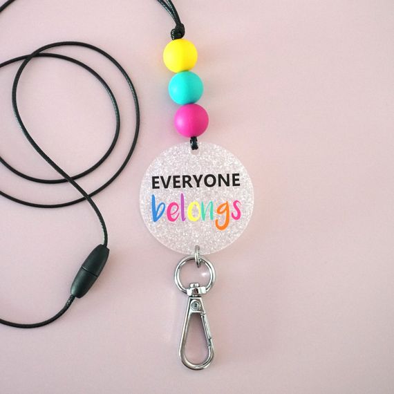 Acrylic and silicone teacher lanyard with 'Everyone belongs' printed on it to celebrate Harmony Day