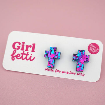 Cross stud earring made from pink, purple and blue glitter acrylic