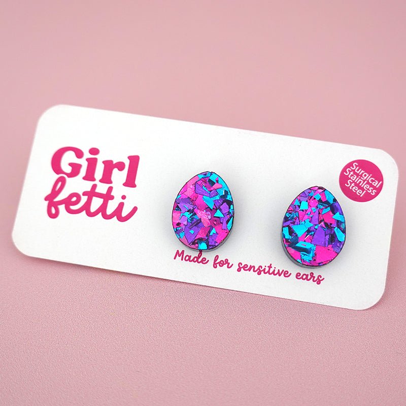Handmade Easter egg stud earrings in a pink, purple and blue flake glitter acrylic