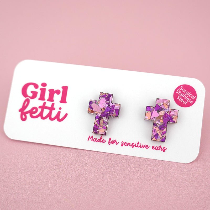 Cross stud earring made from pink, purple and rose gold glitter acrylic