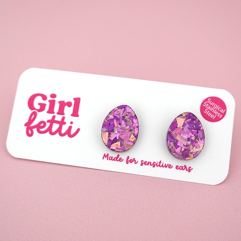 Handmade Easter egg stud earrings in a pink, purple and rose gold flake glitter acrylic