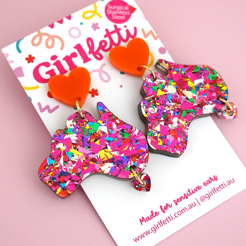 Pink Rainbow Flake Glitter Harmony Day inspired teacher dangle earrings in the shape of Australia