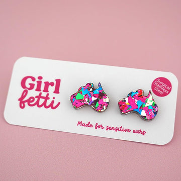 Pink rainbow flake glitter acrylic stud earring in the shape of Australia