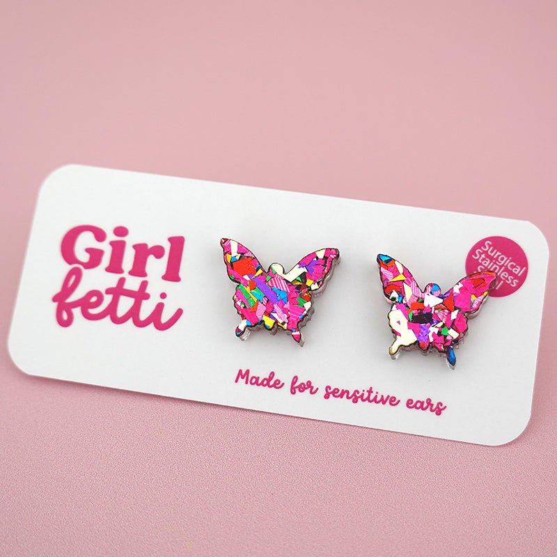 Butterfly stud earrings in pink rainbow glitter acrylic