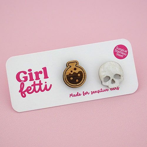 Halloween poison and skull stud earring