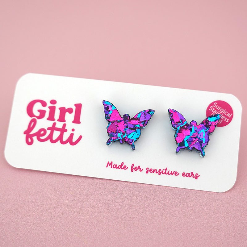 Butterfly stud earrings in blue, pink and purple glitter acrylic
