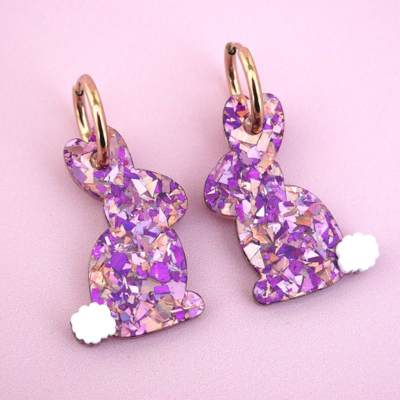 Rose gold, purple and pink flake glitter acrylic Easter bunny hoop dangle earrings