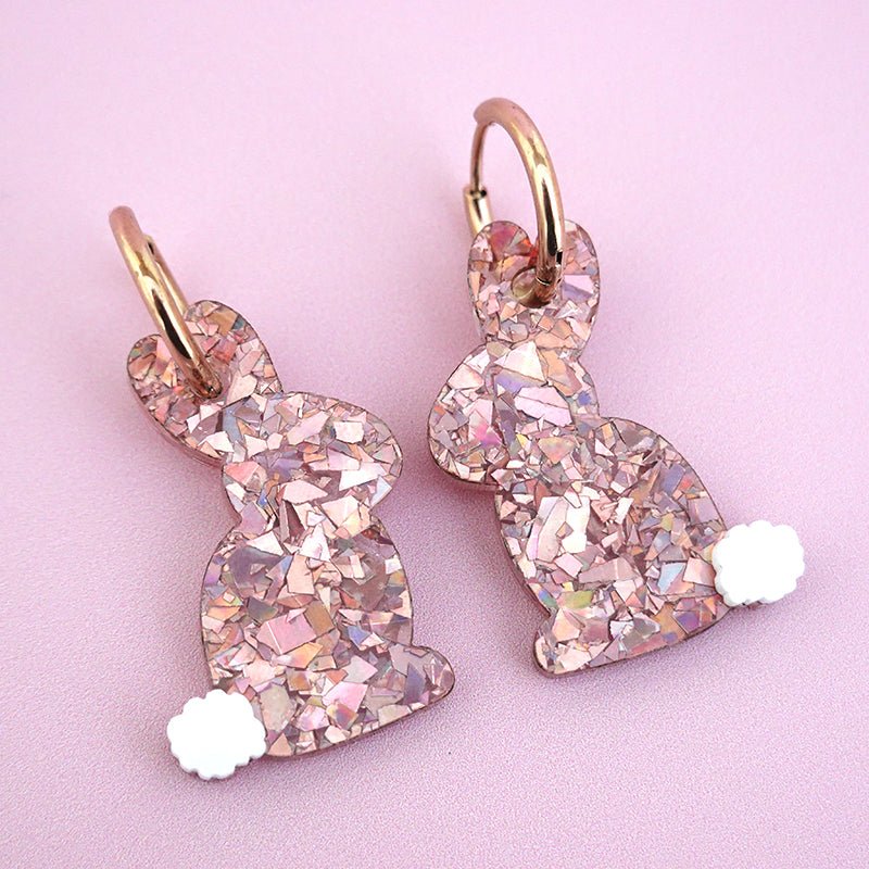 Rose gold flake glitter acrylic Easter bunny hoop dangle earrings