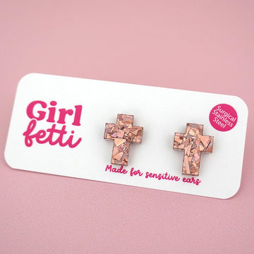 Cross stud earring made from rose gold glitter acrylic