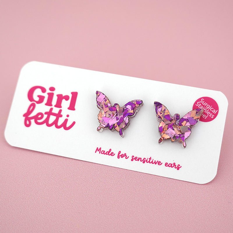 Butterfly stud earrings in rose gold, pink and purple glitter acrylic