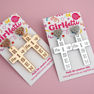 Rose gold and silver mirror acrylic Easter cross dangle earrings with 'He is Risen' engraved on back