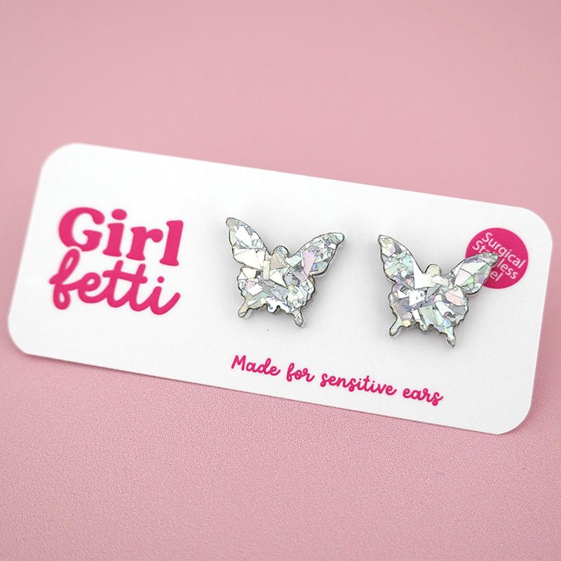 Butterfly stud earrings in silver glitter acrylic