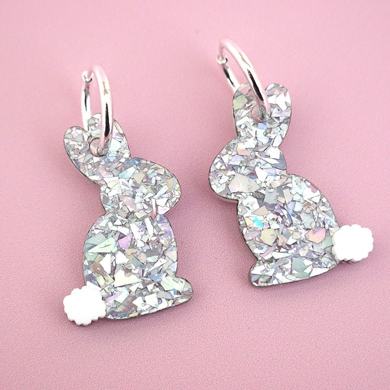 Silver flake glitter acrylic Easter bunny hoop dangle earrings