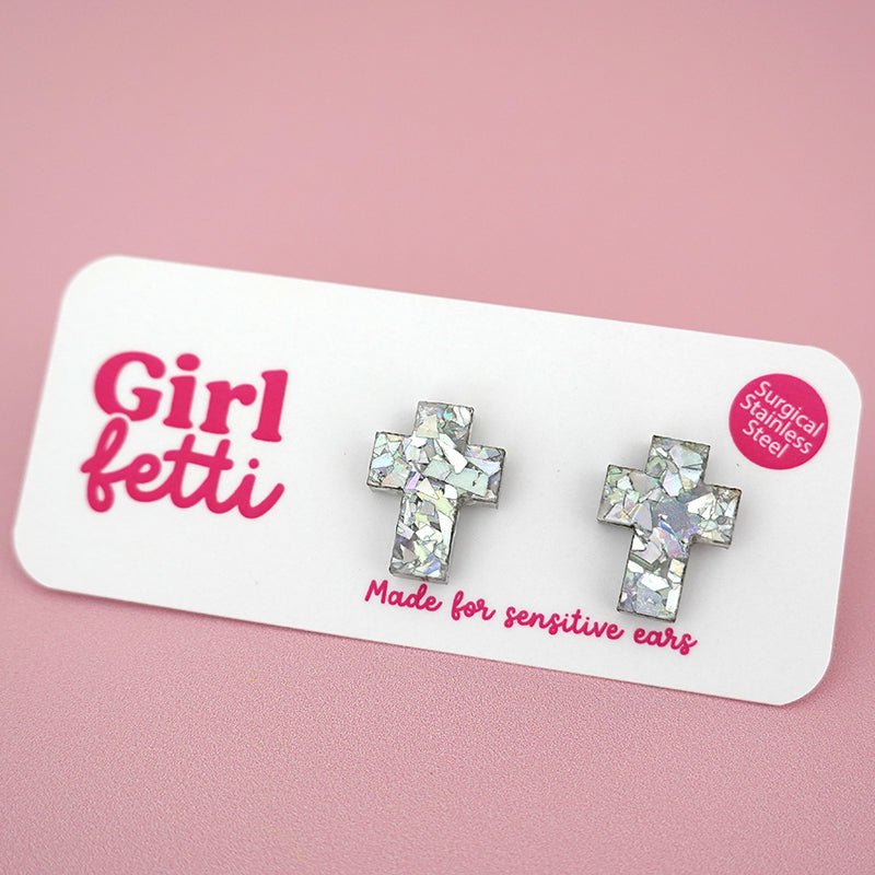 Cross stud earring made from silver glitter acrylic